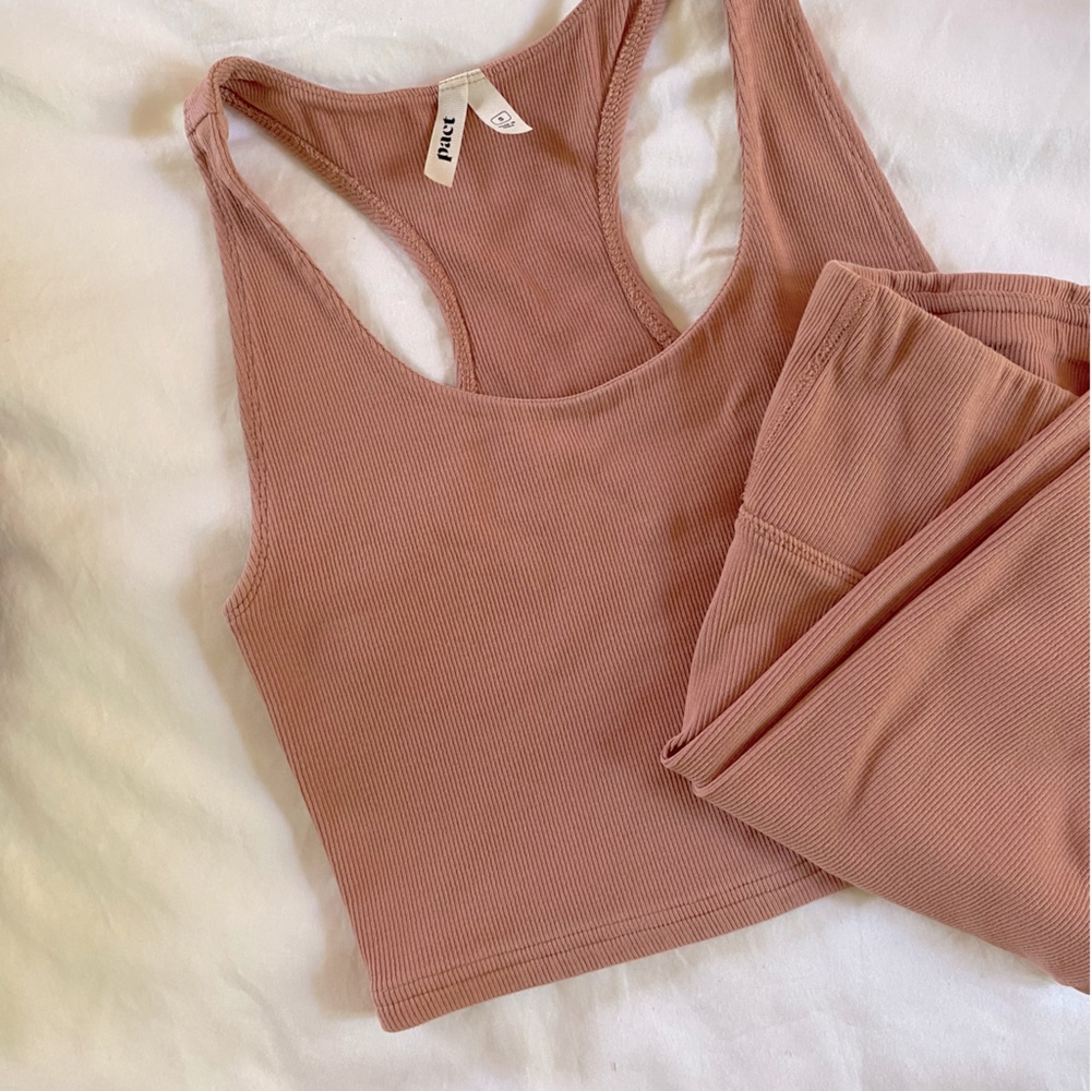 Pact Organic Pink Ribbed Crop Top and Biker Shorts Set